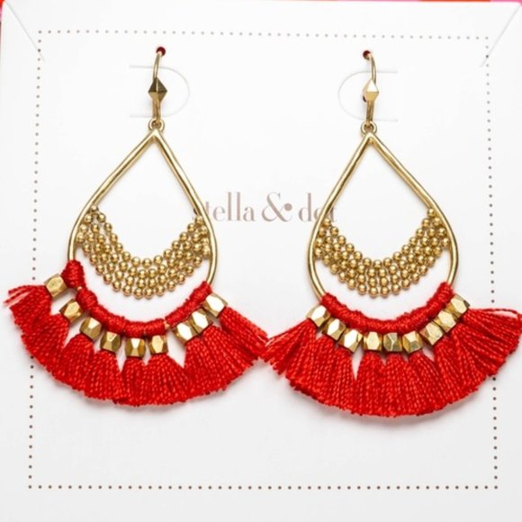 Stella & Dot | Roman [RED] + Gold Beaded  Fringe Chandeliers Earrings - Picture 13 of 13